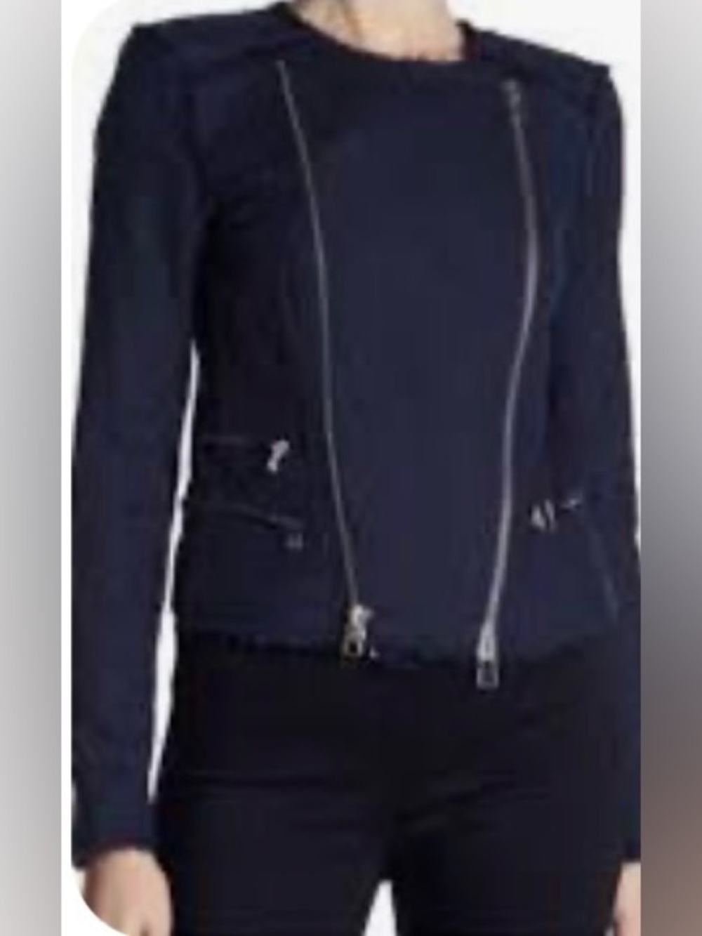 Veronica Beard Stevie Fringe Moto Biker Jacket Size 2 (Navy Blue)
